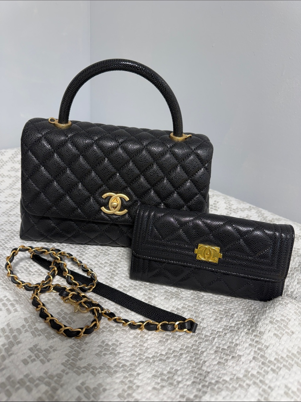 Black Quilted Top-Handle Satchel with Matching Wallet